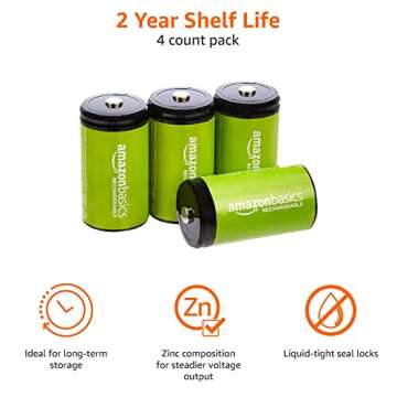 Amazon Basics 4-Pack Rechargeable D Cell NiMH Batteries, 10000 mAh, Recharge up to 1000x Times, Pre-Charged
