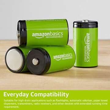 Amazon Basics 4-Pack Rechargeable D Cell NiMH Batteries, 10000 mAh, Recharge up to 1000x Times, Pre-Charged