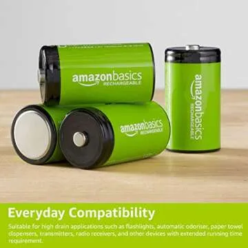 Amazon Basics 4-Pack Rechargeable D Cell NiMH Batteries, 10000 mAh, Recharge up to 1000x Times, Pre-Charged