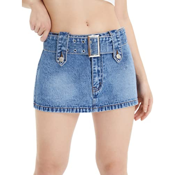 Floerns Women's Buckled Belt Denim Mini Skirt Blue