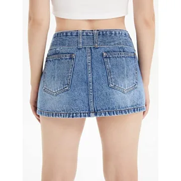 Floerns Women's Buckled Belt Denim Mini Skirt Blue