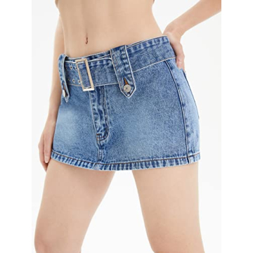Floerns Women's Buckled Belt Denim Mini Skirt Blue