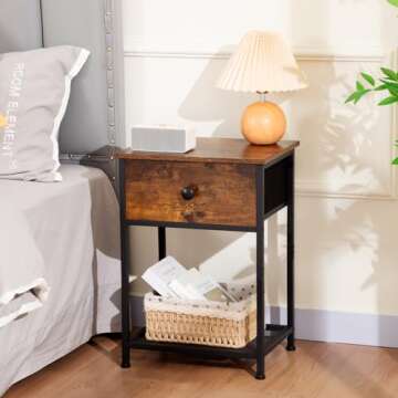 AMHANCIBLE Night Stand Set 2, Nightstand with Fabric Drawer, Industrial End Tables Living Room with Storage Shelf, Slim Bedside Table for Bedroom, Small Spaces, Rusic Brown, HET03SDBR