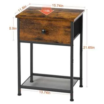 AMHANCIBLE Night Stand Set 2, Nightstand with Fabric Drawer, Industrial End Tables Living Room with Storage Shelf, Slim Bedside Table for Bedroom, Small Spaces, Rusic Brown, HET03SDBR