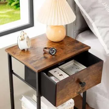 AMHANCIBLE Night Stand Set 2, Nightstand with Fabric Drawer, Industrial End Tables Living Room with Storage Shelf, Slim Bedside Table for Bedroom, Small Spaces, Rusic Brown, HET03SDBR