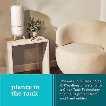 Homedics Ultrasonic Humidifier, Bedrooms and Home Offices, 0.97-Gallon Tank, 45-Hour Runtime, Visible Ultra-Quiet Cool Mist, Aromatherapy, Demineralization Cartridge, Night-Light, Auto-Off, White