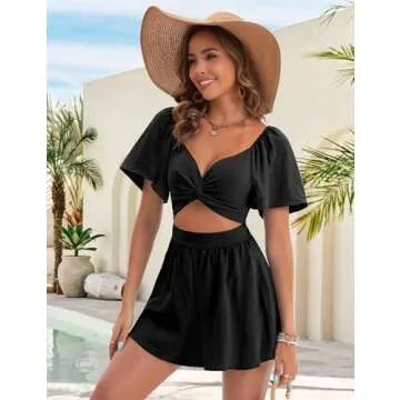 AGERWAY Womens Romper Summer Sexy V Neck Twist Black Romper Dress Puff Short Sleeve Spring Mini Dressy Short Romper Jumpsuit 2025 Large