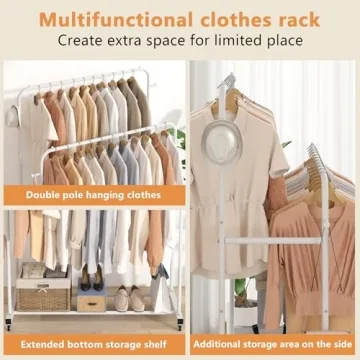 Aiensia Double Rod Garment Rack with Wheels for Easy Organization