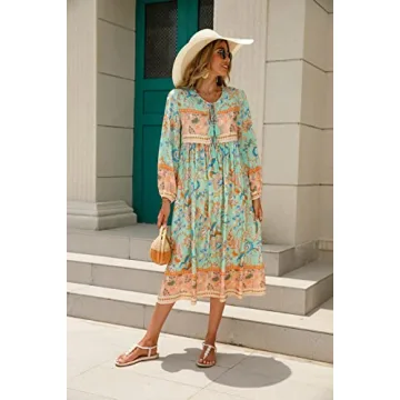 Stylish R.Vivimos Long Sleeve Bohemian Midi Dress