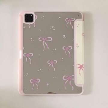 Adjustable Kickstand Mirror Leather Hard Folio Case for Apple Cream White Color Pink Bow Ribbon Beautiful Floral Cute Chic Adorable Lovely Girls Kids (for iPad Air 5 10.9-inch 5th Generation 2022)