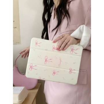 Adjustable Kickstand Mirror Leather Hard Folio Case for Apple Cream White Color Pink Bow Ribbon Beautiful Floral Cute Chic Adorable Lovely Girls Kids (for iPad Air 5 10.9-inch 5th Generation 2022)