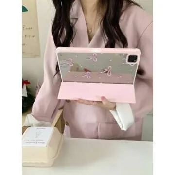 Adjustable Kickstand Mirror Leather Hard Folio Case for Apple Cream White Color Pink Bow Ribbon Beautiful Floral Cute Chic Adorable Lovely Girls Kids (for iPad Air 5 10.9-inch 5th Generation 2022)