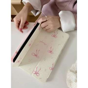 Adjustable Kickstand Mirror Leather Hard Folio Case for Apple Cream White Color Pink Bow Ribbon Beautiful Floral Cute Chic Adorable Lovely Girls Kids (for iPad Air 5 10.9-inch 5th Generation 2022)