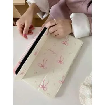 Adjustable Kickstand Mirror Leather Hard Folio Case for Apple Cream White Color Pink Bow Ribbon Beautiful Floral Cute Chic Adorable Lovely Girls Kids (for iPad Air 5 10.9-inch 5th Generation 2022)
