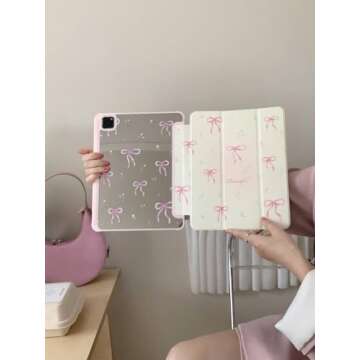 Adjustable Kickstand Mirror Leather Hard Folio Case for Apple Cream White Color Pink Bow Ribbon Beautiful Floral Cute Chic Adorable Lovely Girls Kids (for iPad Air 5 10.9-inch 5th Generation 2022)