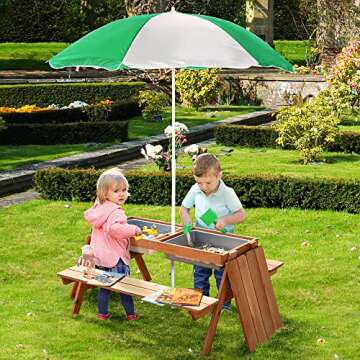 Outsunny Kids Picnic Table with Umbrella and Storage Inside, Sand and Water Table, Kids Outdoor Furn...