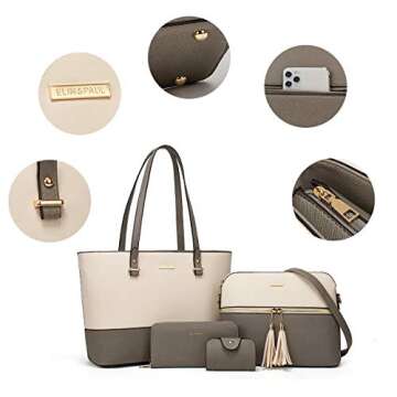 Women Fashion Synthetic Leather Handbags Tote Bag Shoulder Bag Top Handle Satchel Purse Set 4pcs