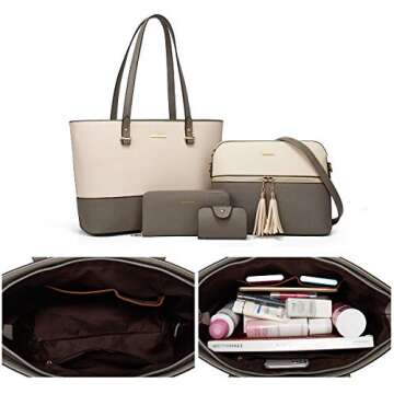 Women Fashion Synthetic Leather Handbags Tote Bag Shoulder Bag Top Handle Satchel Purse Set 4pcs