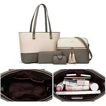 Women Fashion Synthetic Leather Handbags Tote Bag Shoulder Bag Top Handle Satchel Purse Set 4pcs