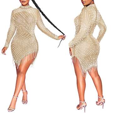 Ranfare Birthday Dress for Women Long Sleeve Rhinestone Dress Nightclub Dress Party Dresses Type A (Apricot-1, L)…
