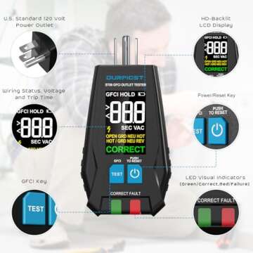 GFCI Outlet Tester, DURFICST Electrical Outlet Tester with 1.7'' High Definition LCD Display, Detect...