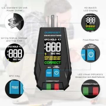 GFCI Outlet Tester, DURFICST Electrical Outlet Tester with 1.7'' High Definition LCD Display, Detect...