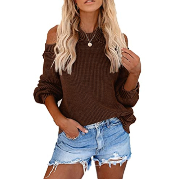 CHYRII Cold Shoulder Long Sleeve Chunky Sweater for Women