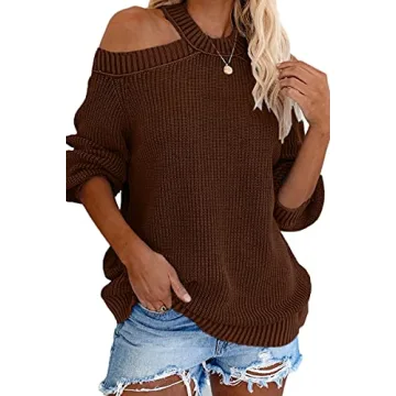CHYRII Cold Shoulder Long Sleeve Chunky Sweater for Women