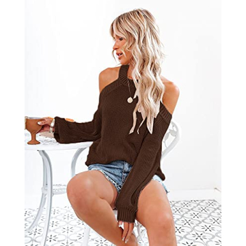 CHYRII Cold Shoulder Long Sleeve Chunky Sweater for Women