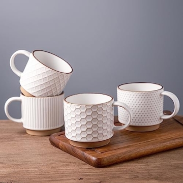 GBHOME 15OZ Stackable Coffee Mugs - Durable Ceramic with Textured Patterns, Set of 4 for Latte and H...