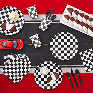 Juvale 144 Piece Race Car Birthday Party Supplies with Checkered Flag Plates, Napkins, Cups, and Cutlery (Serves 24)