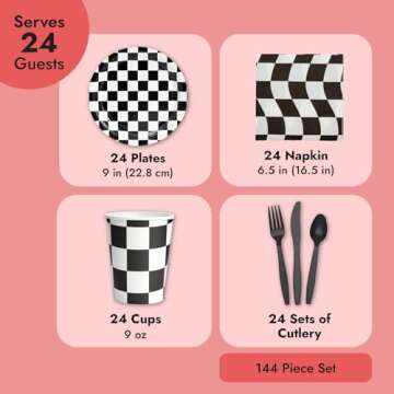 Juvale 144 Piece Race Car Birthday Party Supplies with Checkered Flag Plates, Napkins, Cups, and Cutlery (Serves 24)