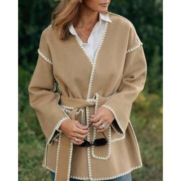 chouyatou Women's Fall Belted Embroidered Wool Jacket Business Casual Oversized Winter Wool Coat (Sm...