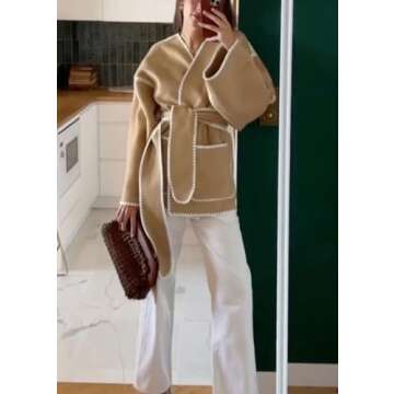 chouyatou Women's Fall Belted Embroidered Wool Jacket Business Casual Oversized Winter Wool Coat (Small, Camel)