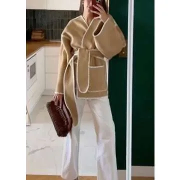chouyatou Women's Fall Belted Embroidered Wool Jacket Business Casual Oversized Winter Wool Coat (Small, Camel)