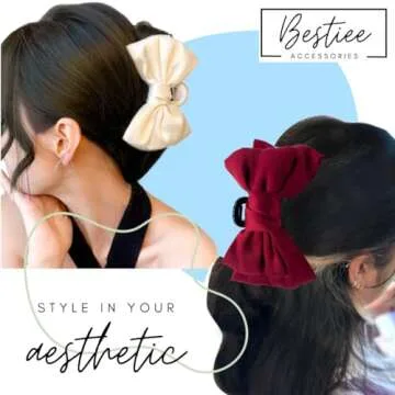 Bestiee 2-packs Women's Satin Bow Claw Clips | 6 inch Elegant Ribbon Design for All Hair Types, Strong Hold Durable | Maroon, White Gift Ideas