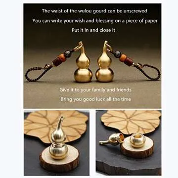 Trade Star Exports Feng Shui Brass Wu Lou Gourd Key Chain with Bodhi Beads for Good Luck Fortune, Brass Calabash Gourd with Buddha Beads for Longevity, Wealth and Success (New upgrade)