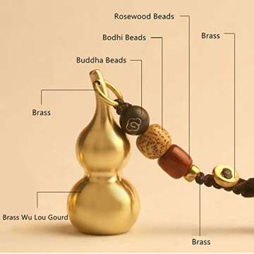 Trade Star Exports Feng Shui Brass Wu Lou Gourd Key Chain with Bodhi Beads for Good Luck Fortune, Brass Calabash Gourd with Buddha Beads for Longevity, Wealth and Success (New upgrade)