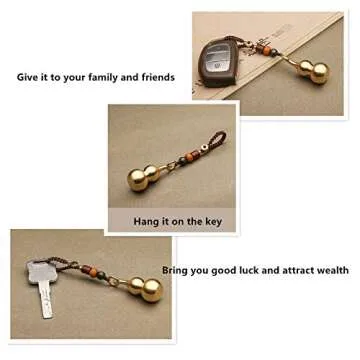 Trade Star Exports Feng Shui Brass Wu Lou Gourd Key Chain with Bodhi Beads for Good Luck Fortune, Brass Calabash Gourd with Buddha Beads for Longevity, Wealth and Success (New upgrade)