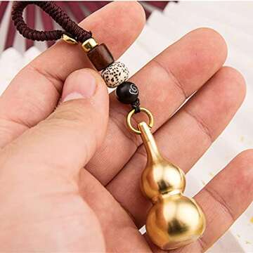 Trade Star Exports Feng Shui Brass Wu Lou Gourd Key Chain with Bodhi Beads for Good Luck Fortune, Brass Calabash Gourd with Buddha Beads for Longevity, Wealth and Success (New upgrade)