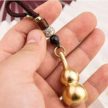Trade Star Exports Feng Shui Brass Wu Lou Gourd Key Chain with Bodhi Beads for Good Luck Fortune, Brass Calabash Gourd with Buddha Beads for Longevity, Wealth and Success (New upgrade)