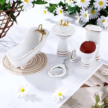 Skylety 6 Pieces 1:12 Dollhouse Bathroom Set Porcelain Miniature Furniture Toys Ceramic Dollhouse Toilet Basin Bathtub Mirror Doll Bathroom Accessories