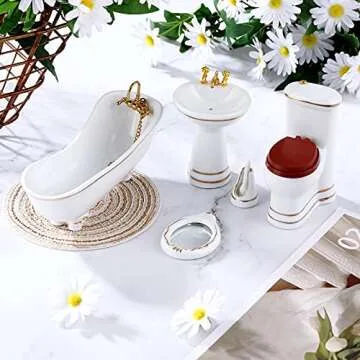 Skylety 6 Pieces 1:12 Dollhouse Bathroom Set Porcelain Miniature Furniture Toys Ceramic Dollhouse Toilet Basin Bathtub Mirror Doll Bathroom Accessories