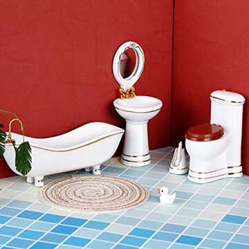 Skylety 6 Pieces 1:12 Dollhouse Bathroom Set Porcelain Miniature Furniture Toys Ceramic Dollhouse Toilet Basin Bathtub Mirror Doll Bathroom Accessories