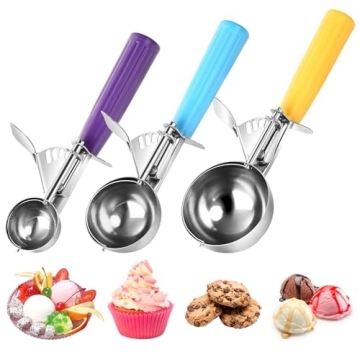 Ice Cream Scoop with Trigger - Cookie Scoops Set of 3 in Stainless Steel for Perfect Portions