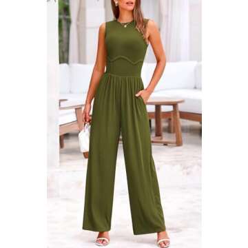 PRETTYGARDEN Womens Jumpsuit Summer 2025 Sleeveless Crewneck Stretchy One Piece Jumpsuits for Women Dressy Wide Leg Rompers (Army Green, Small)