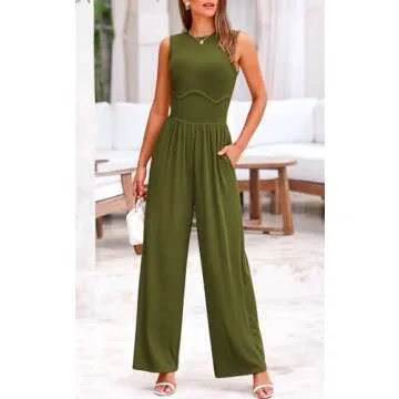 PRETTYGARDEN Womens Jumpsuit Summer 2025 Sleeveless Crewneck Stretchy One Piece Jumpsuits for Women Dressy Wide Leg Rompers (Army Green, Small)
