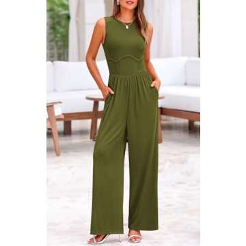 PRETTYGARDEN Womens Jumpsuit Summer 2025 Sleeveless Crewneck Stretchy One Piece Jumpsuits for Women Dressy Wide Leg Rompers (Army Green, Small)