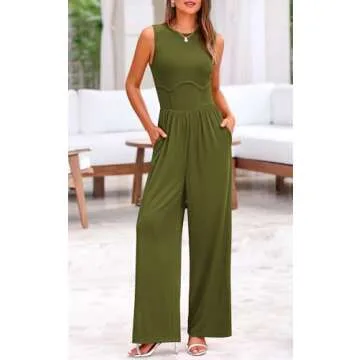 PRETTYGARDEN Womens Jumpsuit Summer 2025 Sleeveless Crewneck Stretchy One Piece Jumpsuits for Women Dressy Wide Leg Rompers (Army Green, Small)