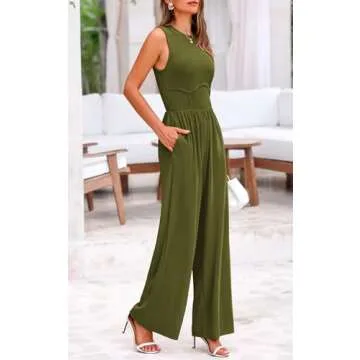 PRETTYGARDEN Womens Jumpsuit Summer 2025 Sleeveless Crewneck Stretchy One Piece Jumpsuits for Women Dressy Wide Leg Rompers (Army Green, Small)